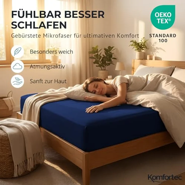 Komfortec Mikrofaser Spannbettlaken 200x200 cm – Weiches Spannbetttuch mit Rundumgummi – Fitted Sheet für Matratzen bis 30 cm – Blau – Oeko-Tex – Pflegeleicht & Hautfreundlich – 90g/m² – Bild 5