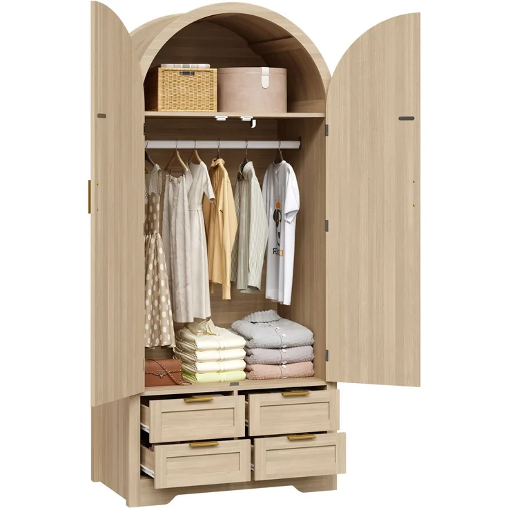 Kleiderschrank 80 x 50 x 180 cm in Eichenholzfarbe mit Rattantüren und Schubladen – Bild 7