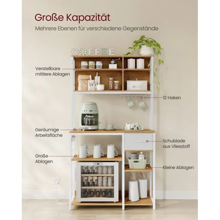 VASAGLE Küchenregal mit Steckdosen, Standregal, Mikrowellen-Regal, verstellbare Ablagen, Stoffschublade, 12 Haken, 40 x 100 x 180,4 cm, für Mikrowellen, Küche – Bild 4
