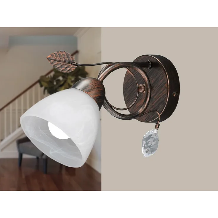 LED Wandleuchte Rostoptik mit Glasschirm und Blätterdeko, Höhe 21,5cm