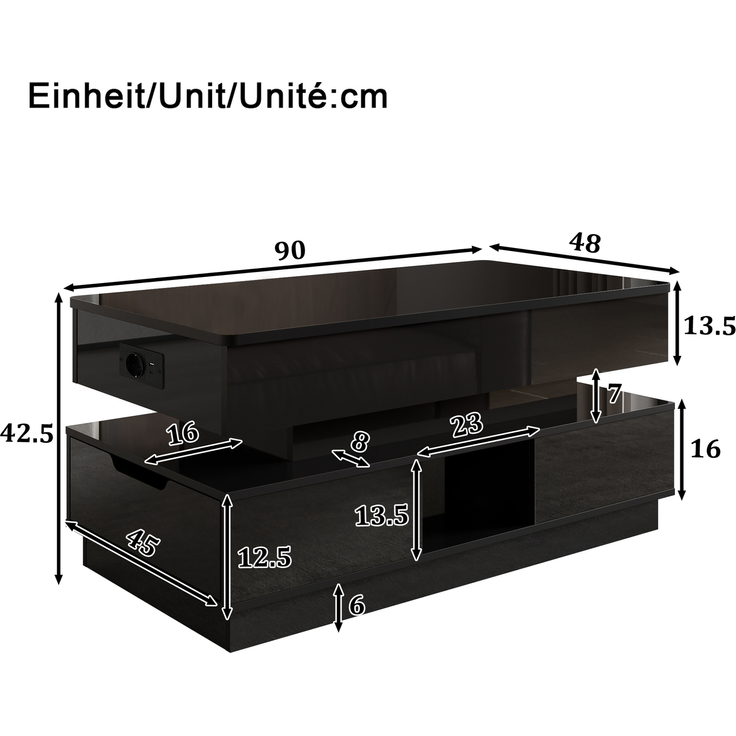 Couchtisch 90 x 48 x 42,5 cm in Schwarz, höhenverstellbar, mit Steckdose, LED und Stauraum – Bild 5