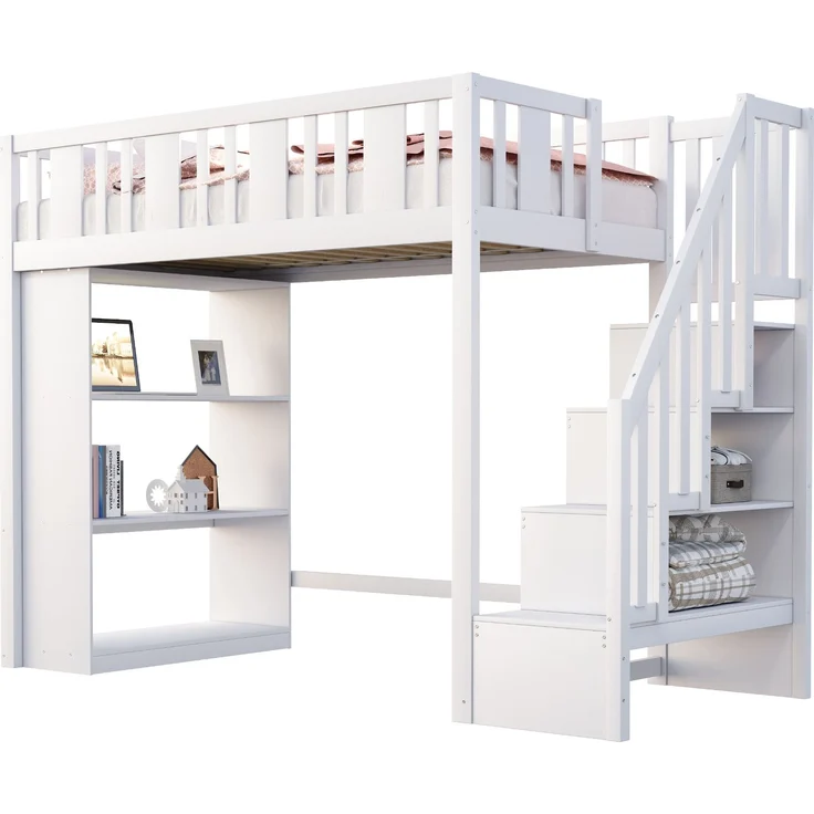 Bett 90x200 cm Hochbett mit Stauraumtreppe aus Kiefernholz, weiß – sicher & platzsparend – Bild 5