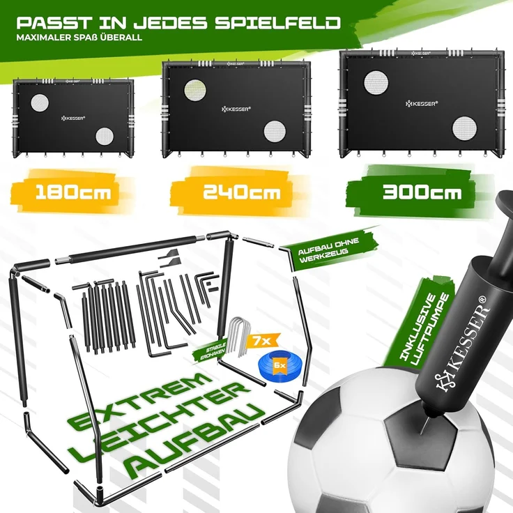 KESSER® Fußballtor für Garten robustes Outdoor Training Schusstraining UV-beständigem Netz, Stahlrahmen mit Polsterung, Erdhaken, Luftpumpe, Hüttchen, Montagezubehör für Kinder und Erwachsene Schwarz, 300cm, mit Torwand – Bild 4