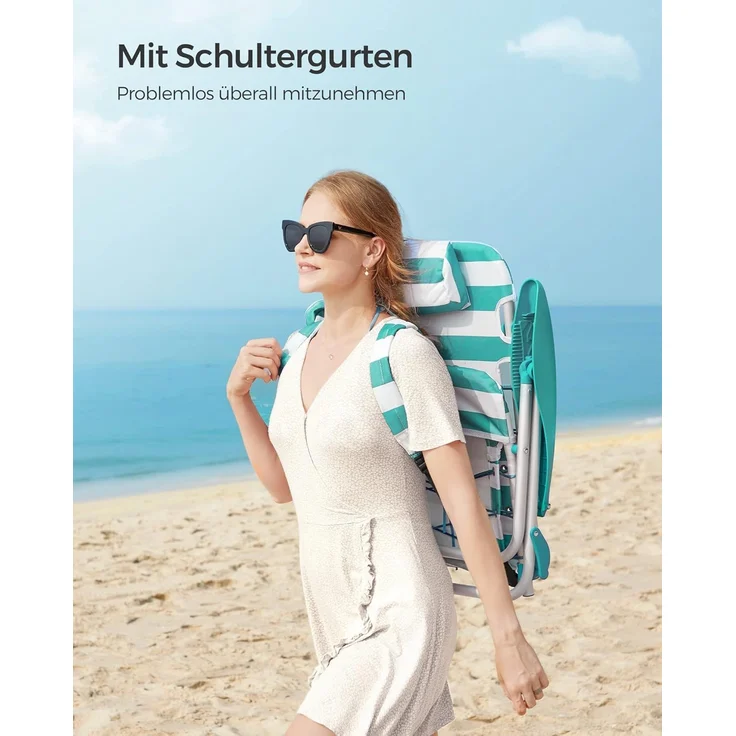 SONGMICS Strandstuhl, faltbar mit Schultergurt, verstellbarer Rückenlehne & Kopfstütze, Grün / Weiß – Bild 5