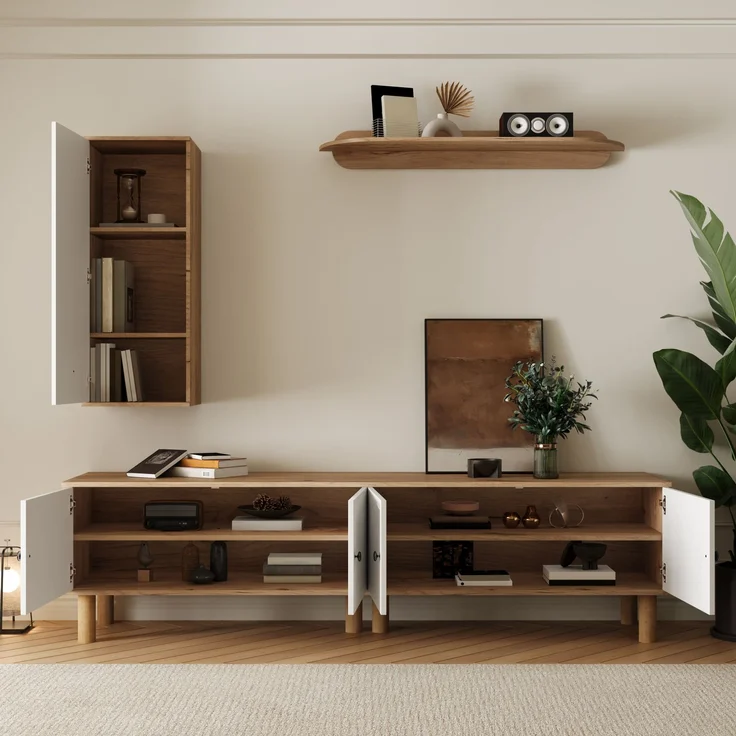 Wohnwand, 3-tlg, best, aus: Highboard, Schränke, Wandboard, Weiße und hölzerne, geschnitzte Türpaneele.--Weiß+Natur--110.01x45.09x17.68cm--YOUDENOVA – Bild 8