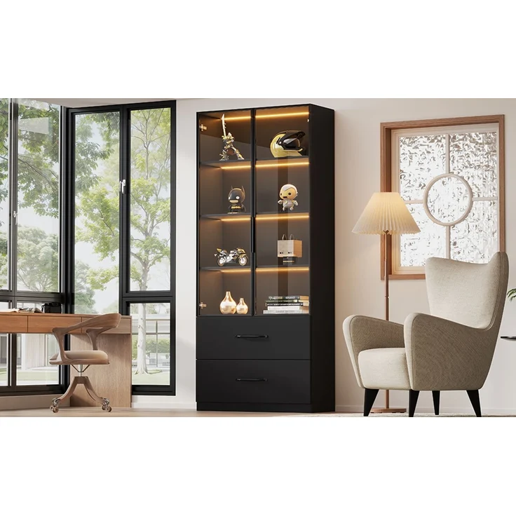 ZUBALIYA LED-Vitrine 60×40×160 cm - Glasvitrine, Bücherregal und Multifunktionsschrank mit Beleuchtung und Schubladen, mit Aluminiumrahmen, Hartglastüren und sanft schließenden Scharnieren, mehrfarbige LED – Bild 13