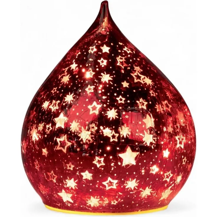 formano LED Deko Farbglas Tropfen Sterne Rot 16 cm Glasleuchte in Crackle-Optik + Timer (6h an/18h aus), Batteriebetrieben. – Stimmungslicht für Winter & Weihnachten – Dekoleuchte für gemütliches Zuhause