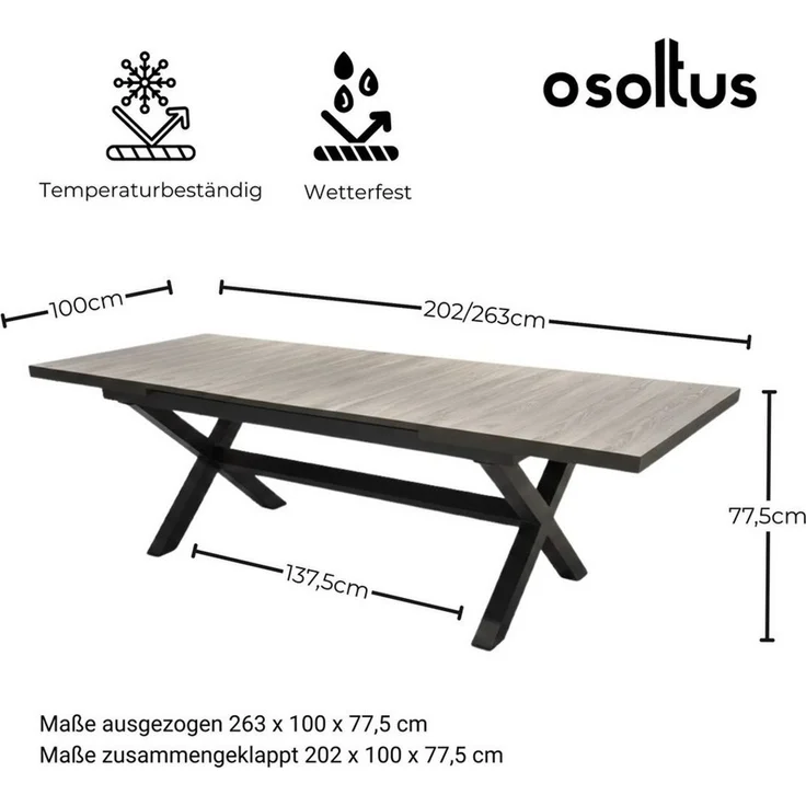 osoltus Gartentisch Alu Ausziehtisch Keramikfliesen 202/263 x 101 cm Dunkelgrau – Bild 2