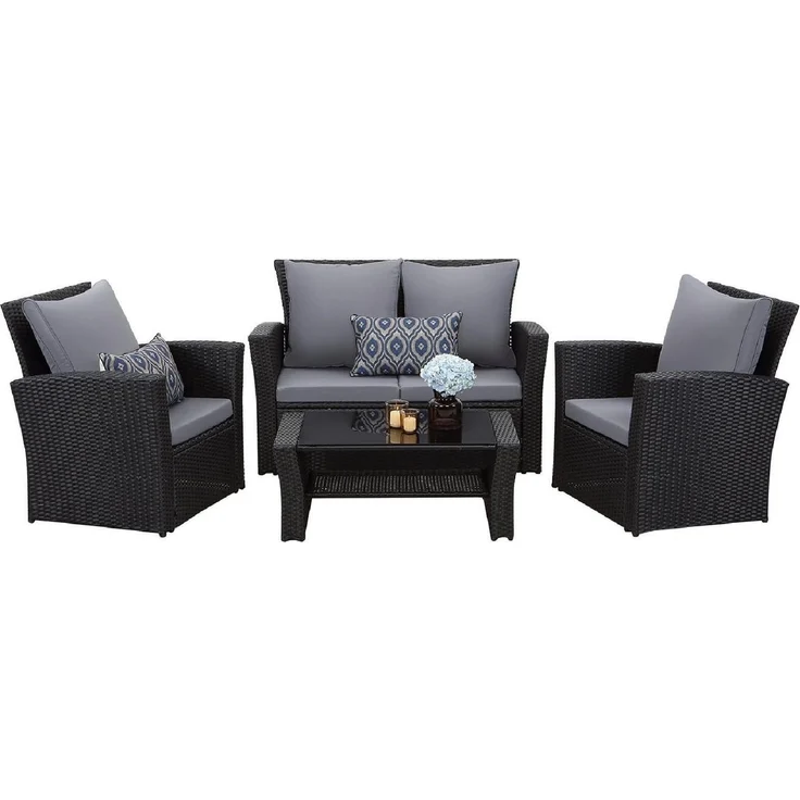 MeXo Gartenlounge-Set Balkonmöbel Set, (Handgefertigtes Poly Rattan Gartenmöbel Set, 4-tlg, 2-Sitzer Sofa, 2 Sessel, Tisch mit Stauraum, 8 Auflagen für 4 Personen), wetterfest Terrassenmöbel Set, Lounge Möbel Outdoor – Bild 5