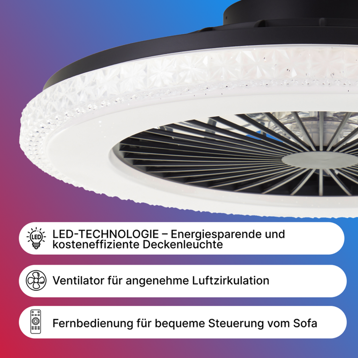 Brilliant LED Deckenlampe mit Ventilator, 49 cm Ø - RGB-Frontlicht & CCT-Zentralbeleuchtung, dimmbar, mit Farbwechsel & Fernbedienung – Bild 2