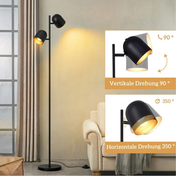 Nettlife Stehlampe Schwarz Wohnzimmer Stehleuchte Vintage Metall 2 Flammig E14 Industrial, Schwenkbar 350°, LED wechselbar, Stehleuchte Leselampe Retro für Schlafzimmer Wohnzimmer – Bild 3