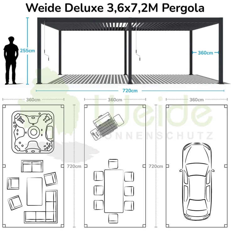 Weide Deluxe | Pergola Voll Aluminium freistehend | 3,6 x 7,2 M | Lamellendach weiß – Bild 4