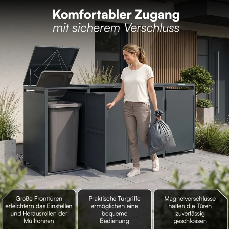 STEELSØN 'Thoria' Mülltonnenbox 4er je 120 Liter, anthrazit, Mülltonnenverkleidung aus Stahl, wetterfest, 102x62x234 cm, Müllbox für 4 Tonnen – Bild 5