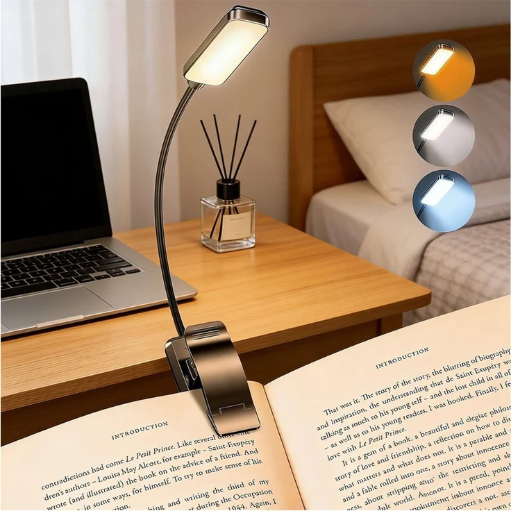 TUWENA LED Leselampe Leselampe Buch Klemme,Wiederaufladbare Buchlampe,Helligkeit Klemmlampe, 360° Flexibel Buchlampe mit 9 LEDs, 3 Farbtemperatur Modi für Bett – Bild 5