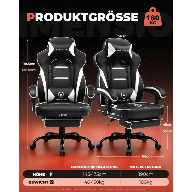 GTPLAYER Gaming Stuhl mit Fußstütze, Ergonomischer Bürostuhl 180kg, Schwerlast Gaming Sessel mit Lendenwirbelstütze und Kopfstütze, Höhenverstellbarer Computerstuhl, Gepolstert, neigbare 155°, weiß – Bild 2