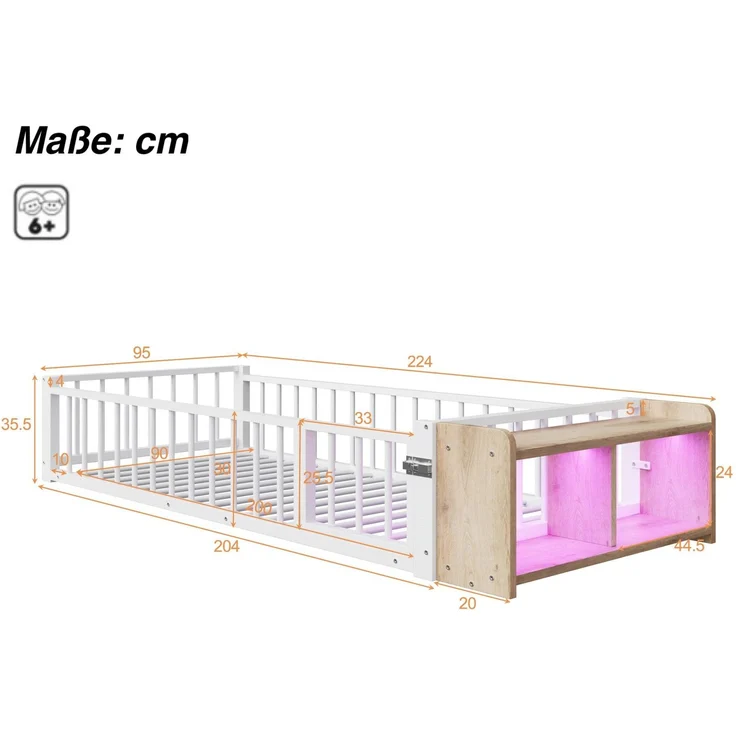 Kinderbett mit LED-Streifen, Regal, Zaun, Lattenrost und Tür, 90x200 cm, Einzelbett mit Rausfallschutz, Metallbett – Bild 6