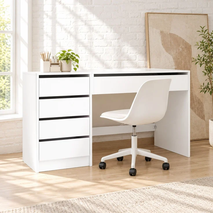 Schreibtisch 120x50x78-92 cm, manuell höhenverstellbar, weiß, mit 4 Schubladen – Bild 1