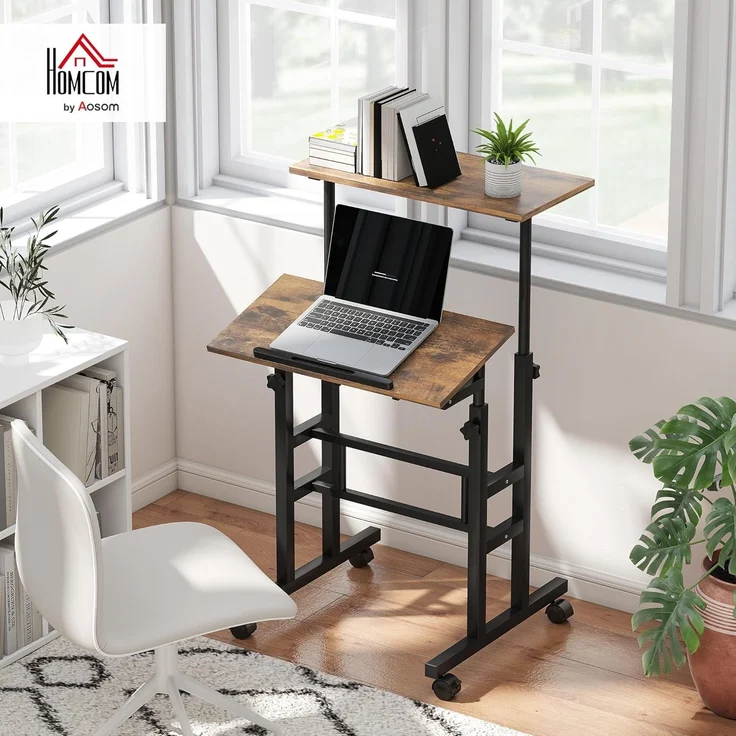 HOMCOM Schreibtisch 2-stufige Arbeitsfläche (Laptoptisch, 1-St, Arbeitstisch), Höhenverstellbar, Rustikal-Braun – Bild 2