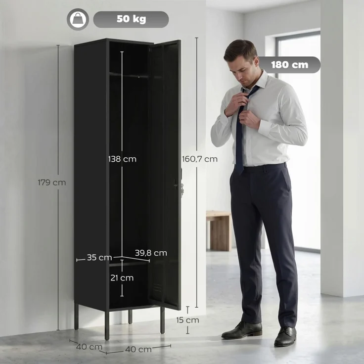Garderobenschrank 40x40x179 cm aus Stahl, schwarz, abschließbar mit Kleiderstange – Bild 4