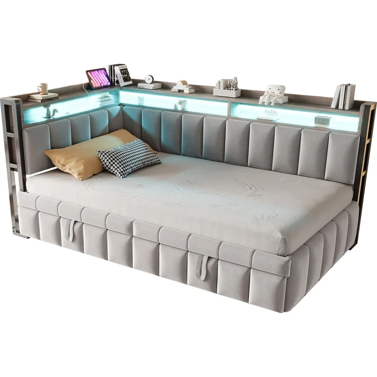 Polsterbett Schlafsofa 90x200 cm mit Ausziehbett, LED-Beleuchtung und Ablagefächern am Kopf- und Fußende, Ausgestattet mit USB- und Typ-C-Anschlüssen. Einzelschlafsofa, Samtstoff Hellgrau – Bild 9