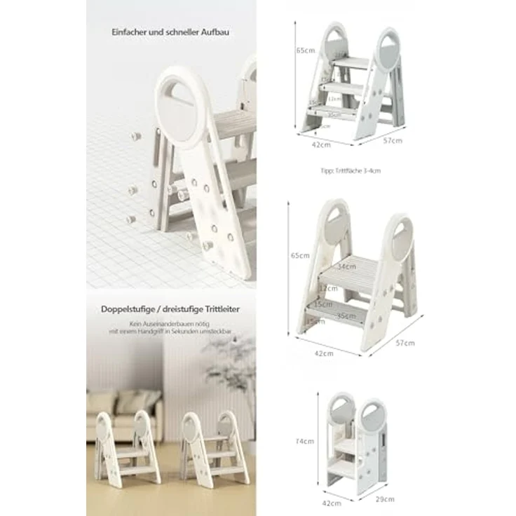 habeig Tritthocker Klappbarer Kindertritt 2-3 Stufen 65 cm Höhe bis 75 kg Kinderleiter, 2-3 Trittstufen einstellbar – Bild 2