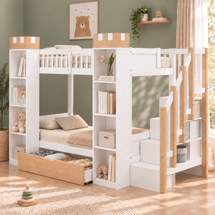 Etagenbett mit 2 Liegeflächen à 90×200 cm, Rausfallschutz und Stauraumtreppe, Weiß, ohne Matratzen – Bild 4
