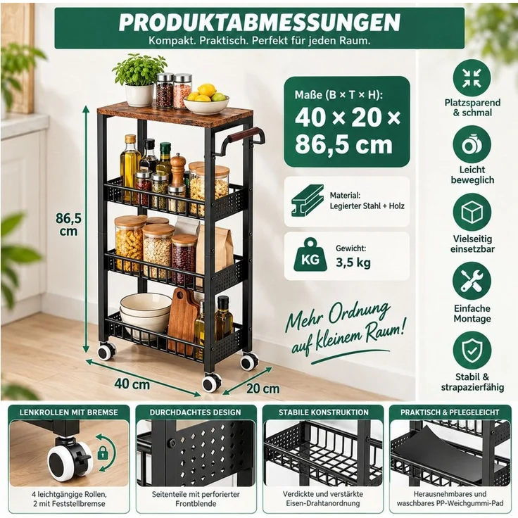 LEMLIT Rollwagen Küchenwagen 4 Etagen Schmal Mit Rollen Und Holzplatte, (1er Set, 1 St, Produktmaße: 40 x 20 x 86,5 cm), 3 Metallkörbe, 2 Bremsrollen, Für Küche, Bad Und Waschküche – Bild 2