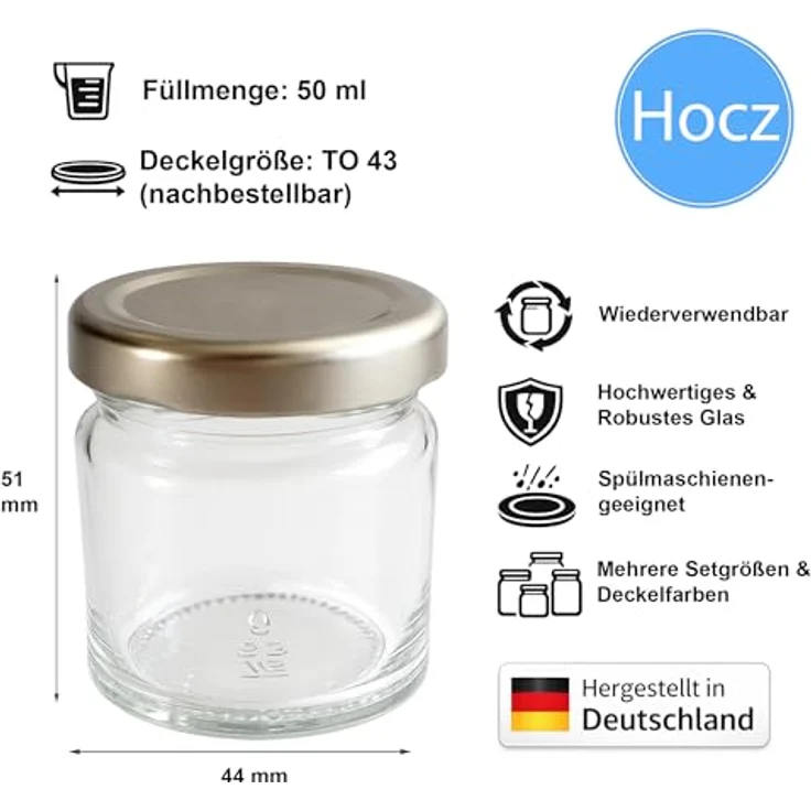 hocz 100x Mini Marmeladengläser 50 ml | mit Deckel Silber TO 43 | kleine Einmachgläser mit Schraubdeckel zum befüllen | Schraubgläser, Sturzgläser Set | leere Gläser für Marmelade | 100 Stück – Bild 2