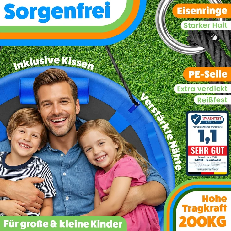 ELONEO Nestschaukel Outdoor & Indoor mit 90 oder 120 cm Durchmesser, Tellerschaukel, höhenverstellbare Hängeschaukel inkl. Kissen, Griffen und Zubehör-Set, Blau - 90cm – Bild 4