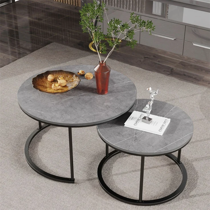 FATIVO 2er Couchtisch Set Rund Wohnzimmertisch aus Sinterstein Beistelltisch Sofatisch Metall 80x80x45cm Grau – Bild 7