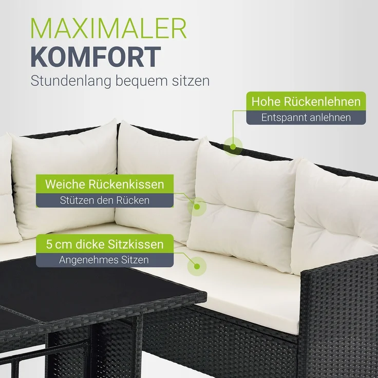 Juskys 'Manacor' Lounge mit Sofa, Tisch, 2 Hocker & Kissen, Polyrattan schwarz-creme, 7 Personen – Bild 3