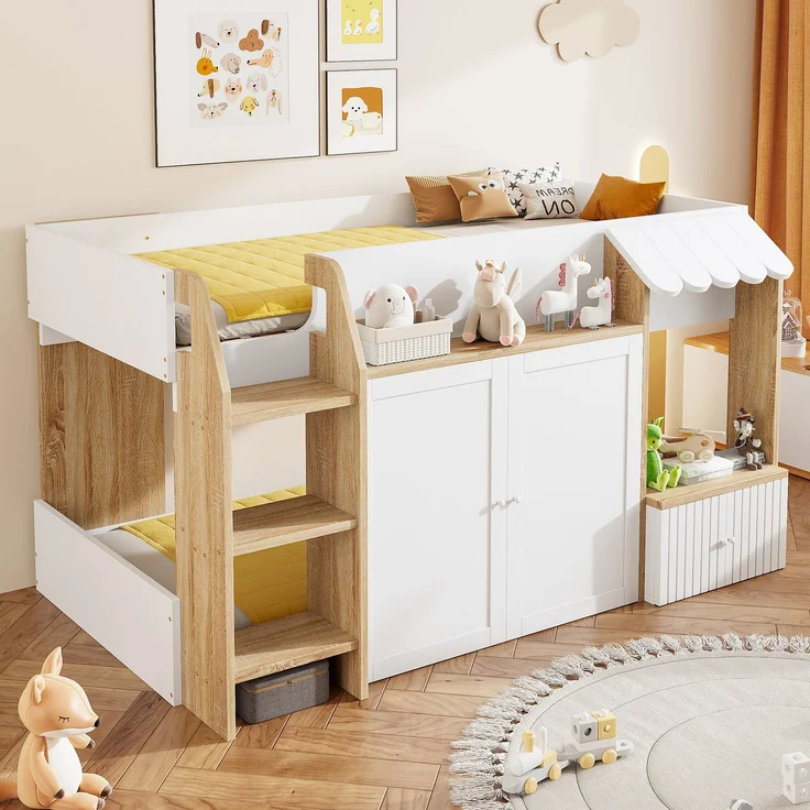 Merax Kinderbett Hausbett 90x200cm, mit offenem Stauraum, mit Kletterleiter, Halbhohes Kinderhochbett, Massivholz-Kinderetagenbett ohne Matratze, Weiß+Holzfarbe – Bild 1
