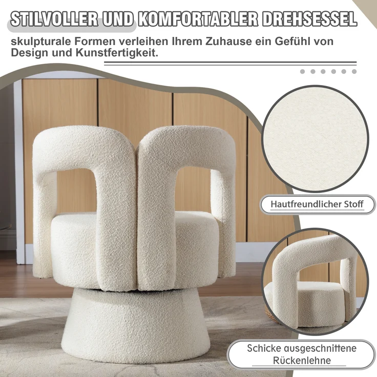 LVHOM Polsterstuhl 360° drehbar, Drehsessel Bouclé-Stoff, Loungesessel mit Armlehnen, Armlehnenstuhl Relaxsessel, Beige – Bild 5