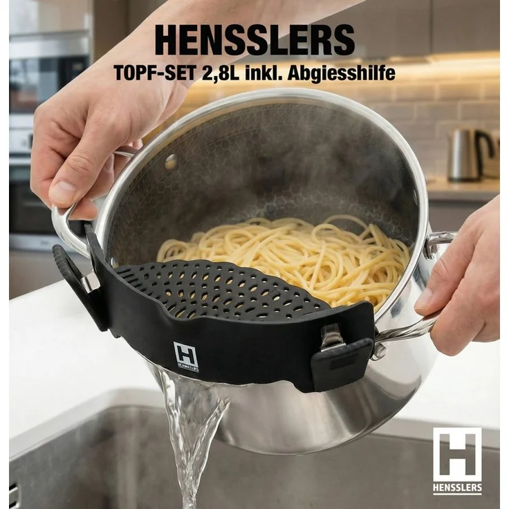 HENSSLERS Kochtopf HENSSLERS Topf-Set - inkl. HENSSLERS Abgießhilfe, Edelstahl (Set, 3-tlg) – Bild 1