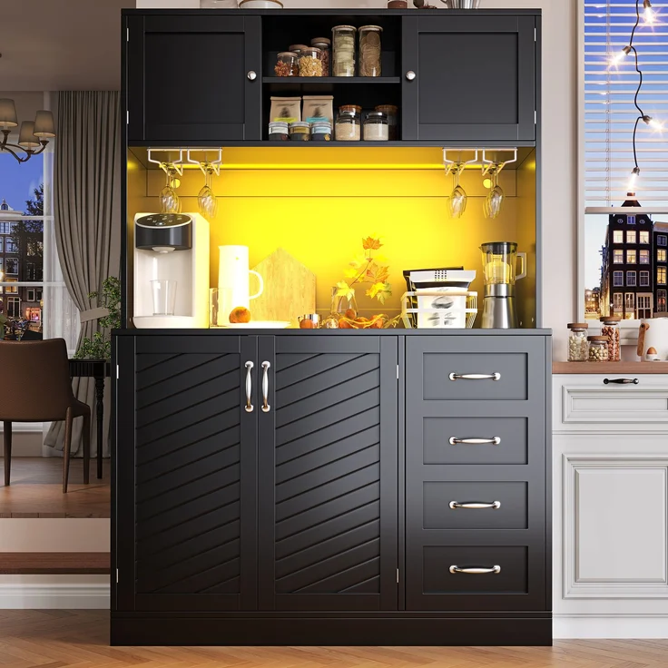 Seitenboard / Aufbewahrungsschrank / Küchenschrank / Buffetschrank, 120x40x188cm, mit LED-Beleuchtung, Snackregal & Getränkehaltern, 4 Türen & 2 große Schubladen, Grün/Schwarz/Weiß--Schwarz--120x40x188cm--YOUDENOVA – Bild 5