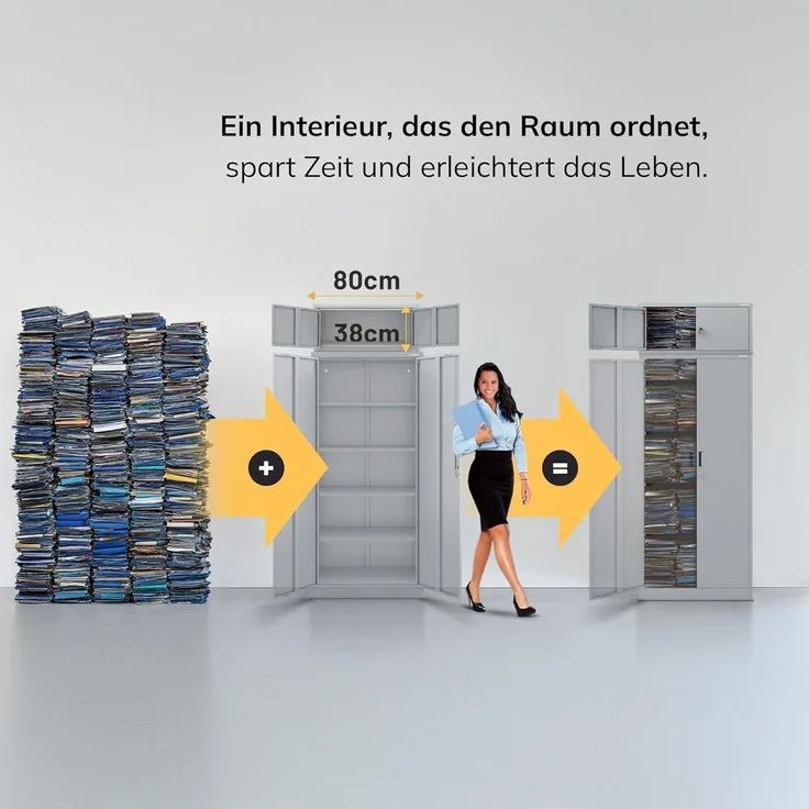 Jan Nowak Aktenschrankaufsatz C01L Aufsatz für Aktenschrank Büroschrank Metall Pulverbeschichtung Flügeltüren 38 x 80 x 40 cm (Grau) – Bild 4