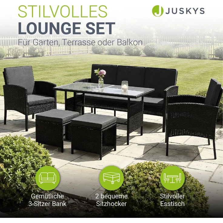 Juskys Polyrattan Gartenmöbel Sitzgruppe Turin Set 6 teilig inkl. Abdeckung - 7 Personen - Outdoor Möbel mit Sessel, Hocker, Tisch & Kissen - Garten Loungemöbel Schwarz – Bild 6