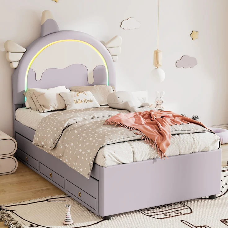 ViolettKinderbett 90x200 cm in Einhornform mit ausziehbarem Rollbett und Schubladen,Cartoon Bett violett,süßes Einhornbett mit stabilem Rahmen – Bild 5