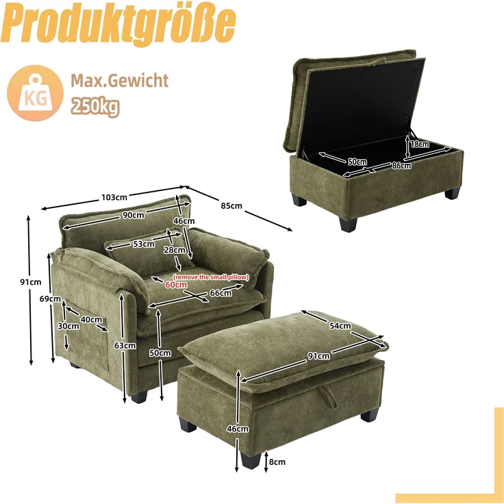 LVHOM Einzelsofa mit Ottomane, Chenille Chaiselongue Sessel mit Seitentasche, Relaxsessel Fernsehsessel Ohrensessel mit Hocker, Olive – Bild 8