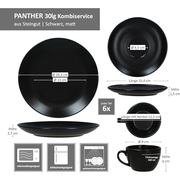 MamboCat Kombiservice 30tlg Kombiservice Panther Steingut 6 Personen Tassen Teller flach, Steingut – Bild 5