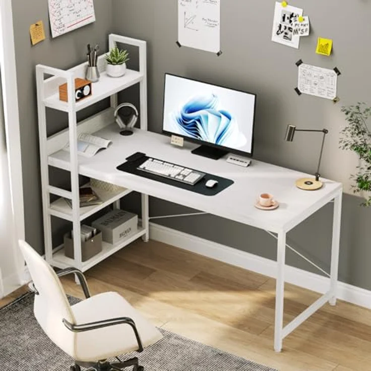 Sweetcrispy Schreibtisch mit Seitlichem Regal & Verstellbaren Füßen, 120 cm breiter Bürotisch, Starker Computertisch mit Ablagefläche, Einfacher Montage, Weiß – Bild 8