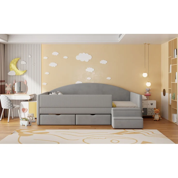 Polsterbett Sofabett,90*190cm,Multifunktionsbett,Mit Zwei Schubladen und Zäunen,Mit Stufen,Hautfreundlicher Samtstoff,ohne Matratze,Hellgrau – Bild 5