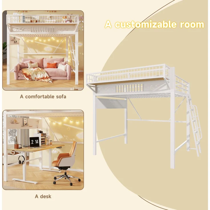 Hochbett,140 x 200 cm, Metallbettgestell, Staufächer, offene untere Ebene, Ohne Matratze, Weiß – Bild 7