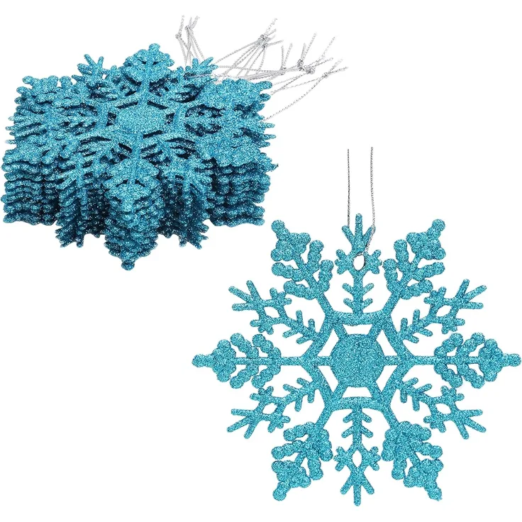 12 Stück – Glitzernde Schneeflockenornamente, Weihnachtsdeko für Party & Baum (Blau, 10 cm)