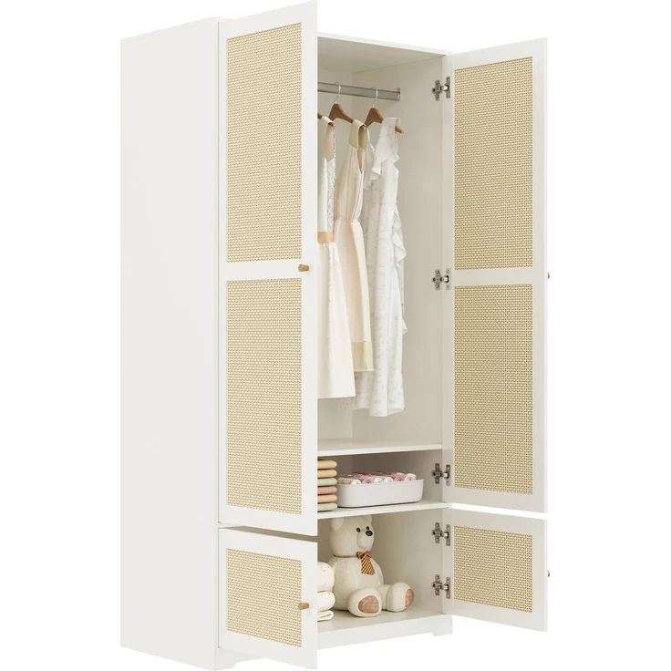 Kleiderschrank 90 x 48 x 180 cm mit Rattantüren, MDF und Kleiderstange, Weiß – Bild 7