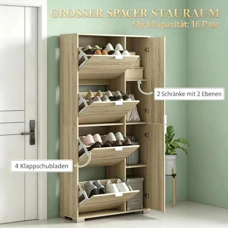Schuhschrank mit 4 Klapptüren, 2 Schränken und Spiegelfronten für 16 Paar Schuhe, Eingangsmöbel--Eiche--82x30x168cm--YOUDENOVA – Bild 4