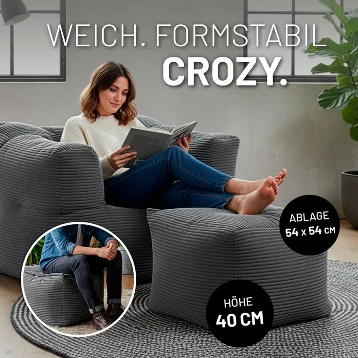 Lumaland Sitzsack-Sofa, Polyester, Pouf, Cord - Grau, 40 x 54 x 54 cm – Bild 5