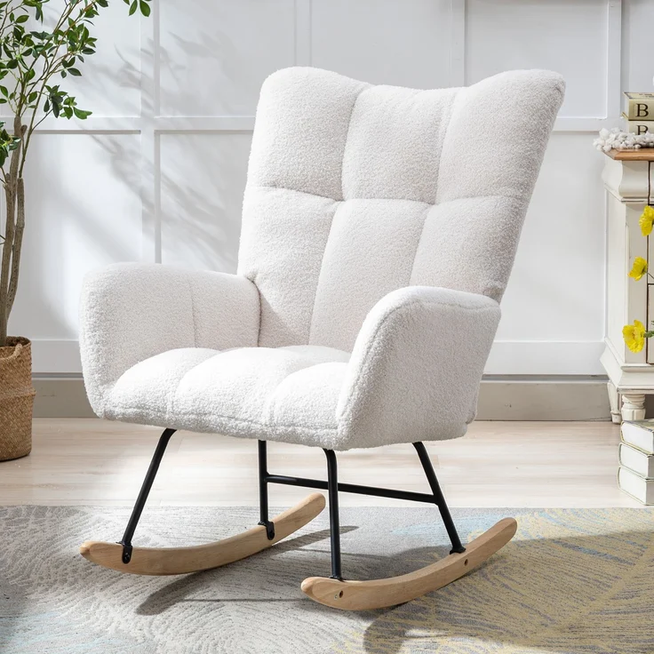Teddy-Schaukelstuhl mit Tasche, weicher Schaukelstuhl fürs Kinderzimmer, bequemer Ohrensessel mit sicherem Massivholzgestell, Wohnzimmer, weiß, 65 x 77 x 90 cm, YOUDENOVA – Bild 1