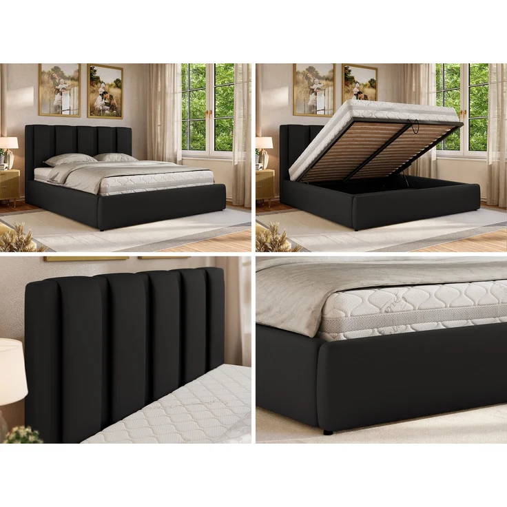 Polsterbett SAVINO CLASSIC mit Bettkasten und Lattenrost Doppelbett 180 x 200 cm mit hohem Kopfteil Stauraumbett Bett mit Gasdruckfeder - Schwarz Kunstleder - Pocket Matratze - VIRE LUX – Bild 2