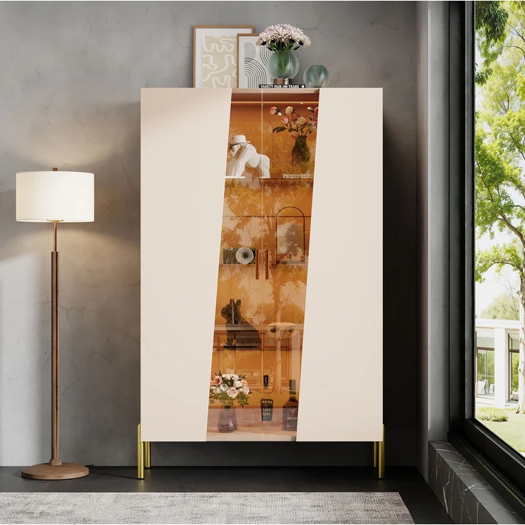 Vitrine 72 x 40 x 145 cm in Beige mit Glastür und mehrfarbiger LED-Beleuchtung – Bild 3